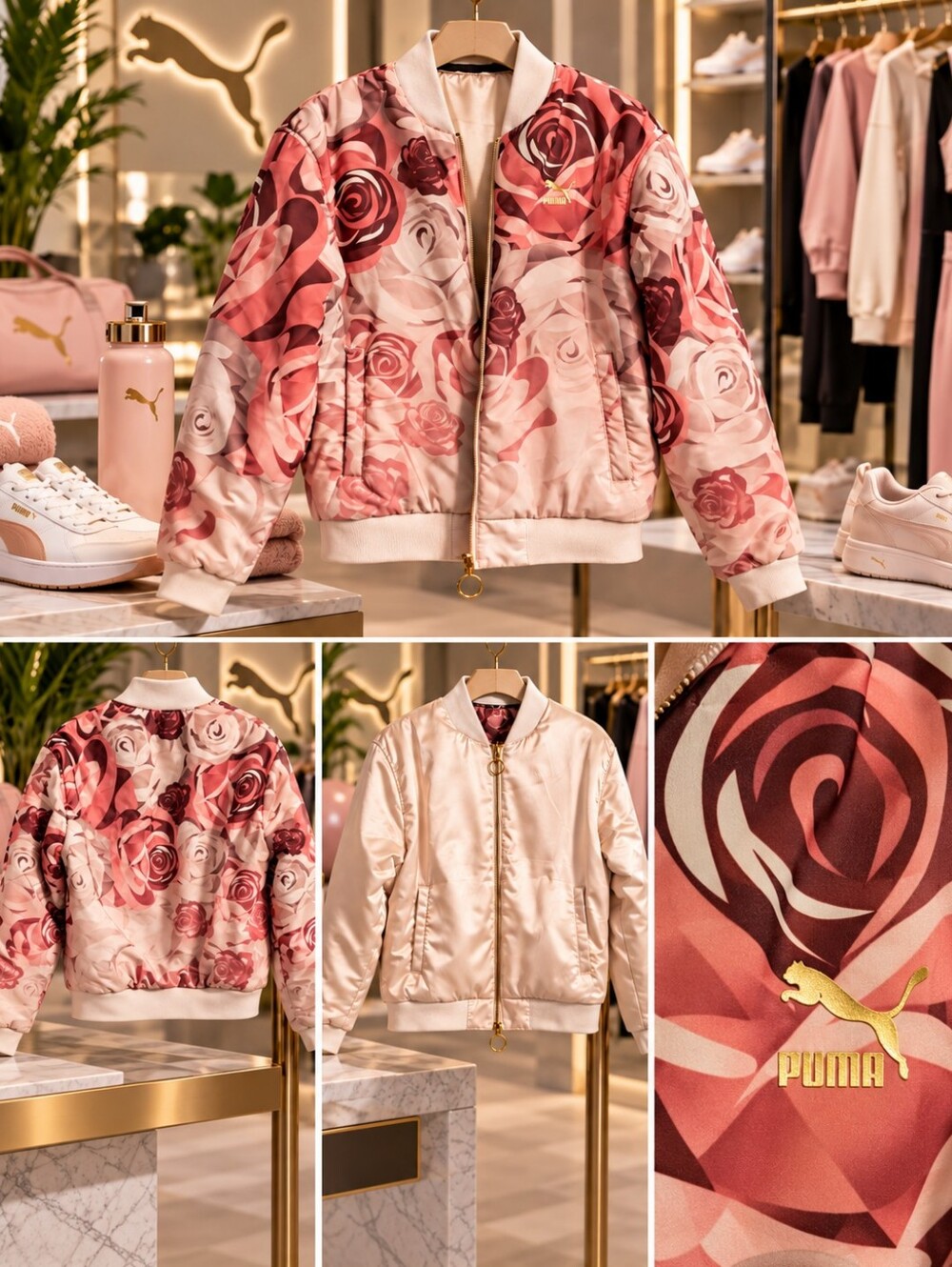 PUMA x Careaux Reversible Rose Floral Satin Bomber Jacket Medium